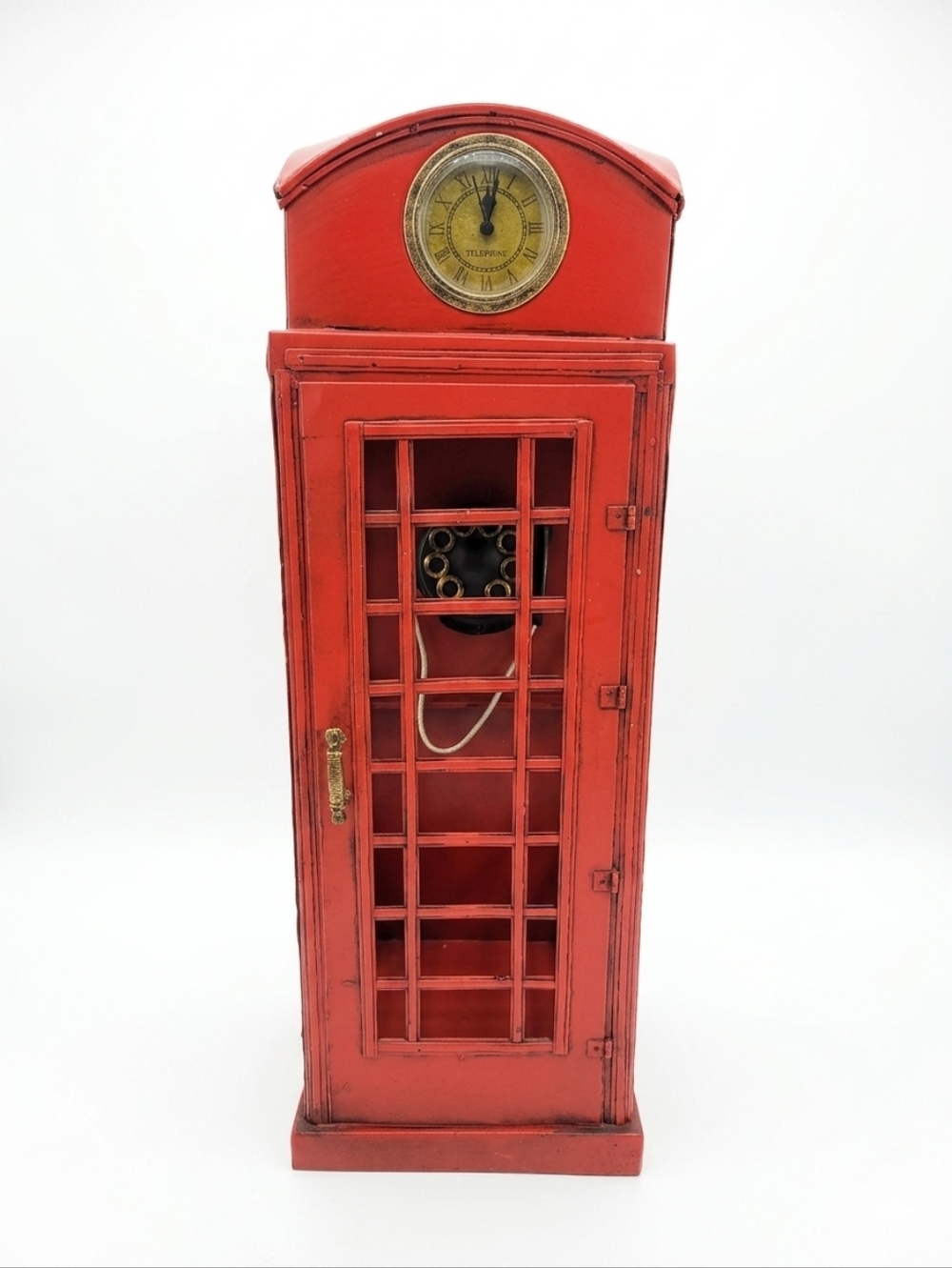 16" Rare Metal Rustic Red London Phone Booth with Working Clock